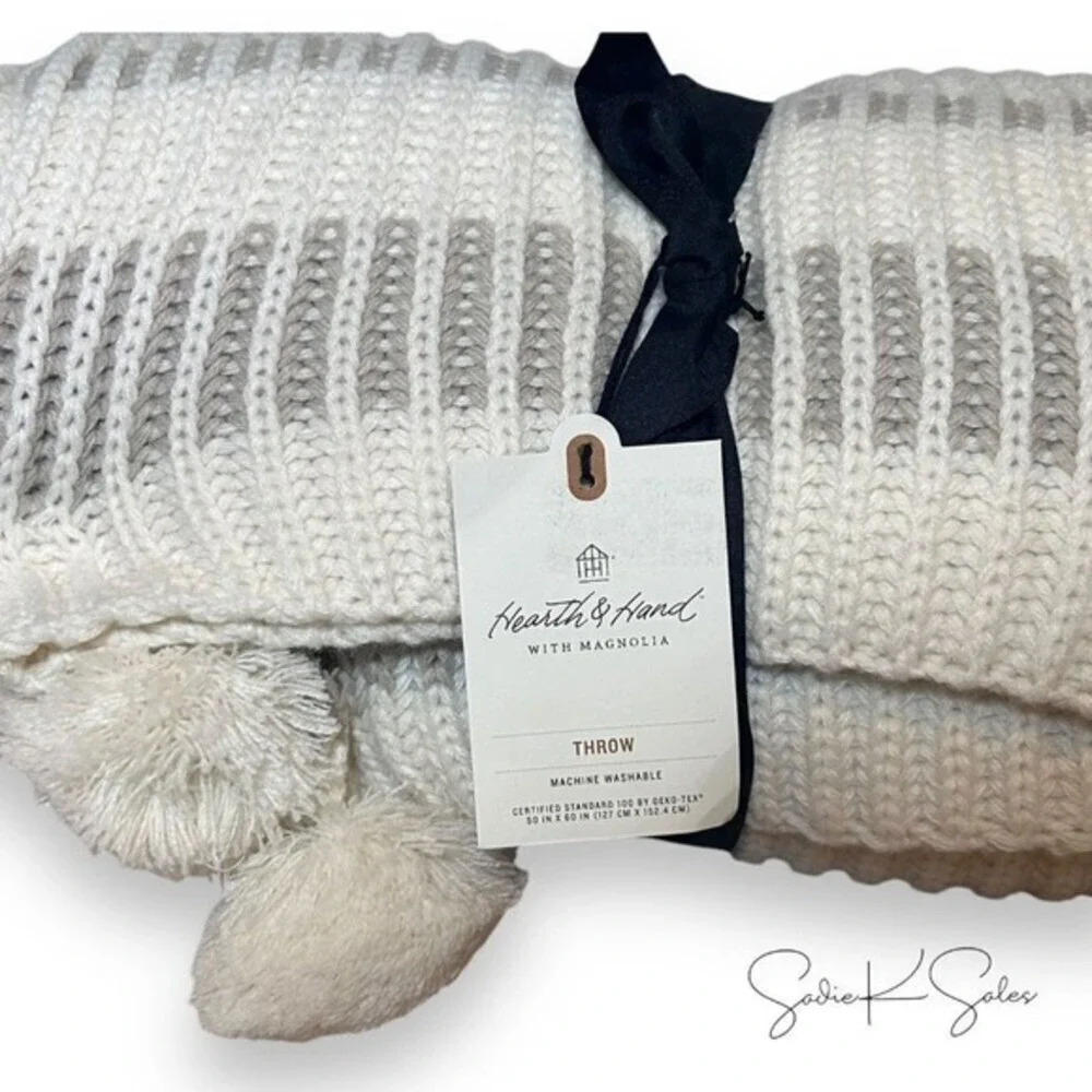 Border Stripe Rib Knit‎ Throw Blanket Beige - Hearth & Hand Magnolia, Target